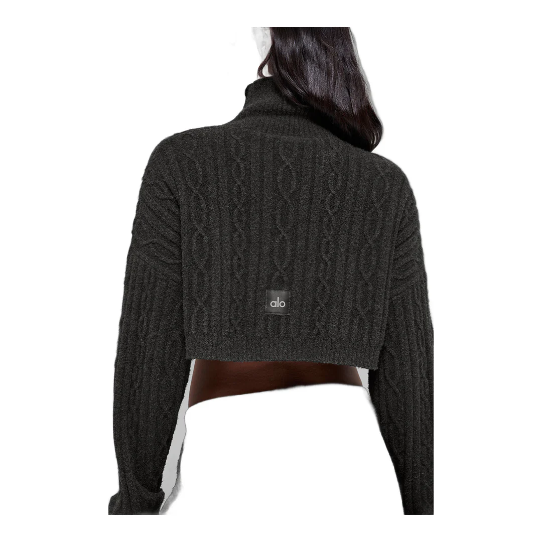 alo Cable Knit Cropped Winter Bliss Turtleneck Long Sleeve - Dark Heather Grey - Image 6