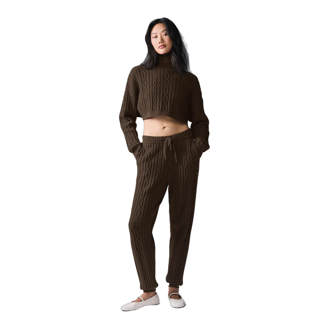 alo Cable Knit Cropped Winter Bliss Turtleneck Long Sleeve - Espresso - Image 3