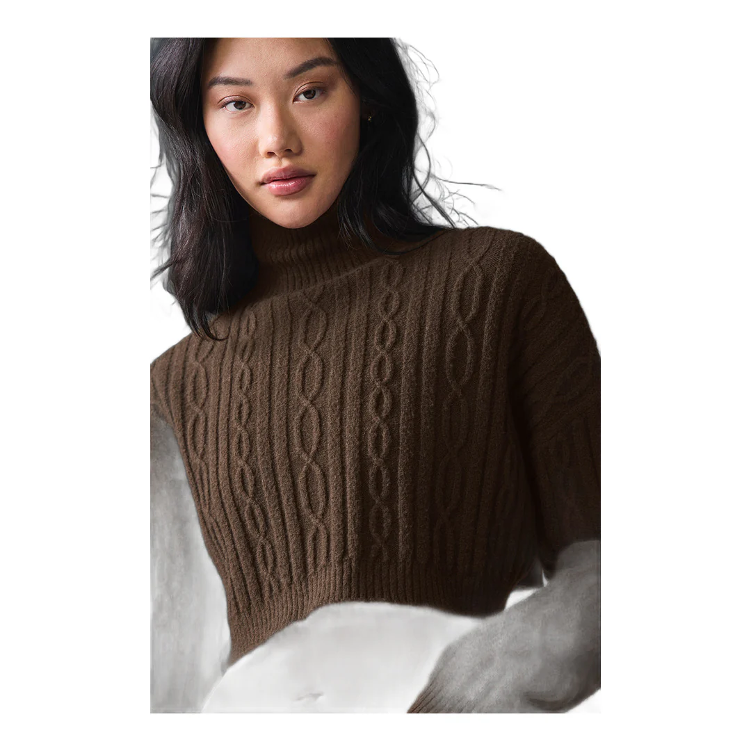 alo Cable Knit Cropped Winter Bliss Turtleneck Long Sleeve - Espresso - Image 4