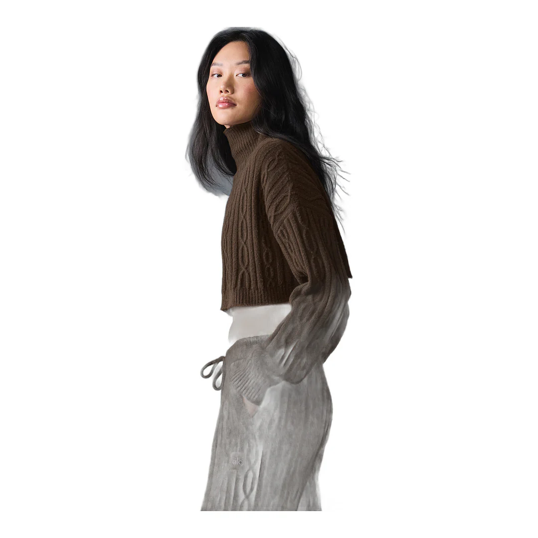 alo Cable Knit Cropped Winter Bliss Turtleneck Long Sleeve - Espresso - Image 5