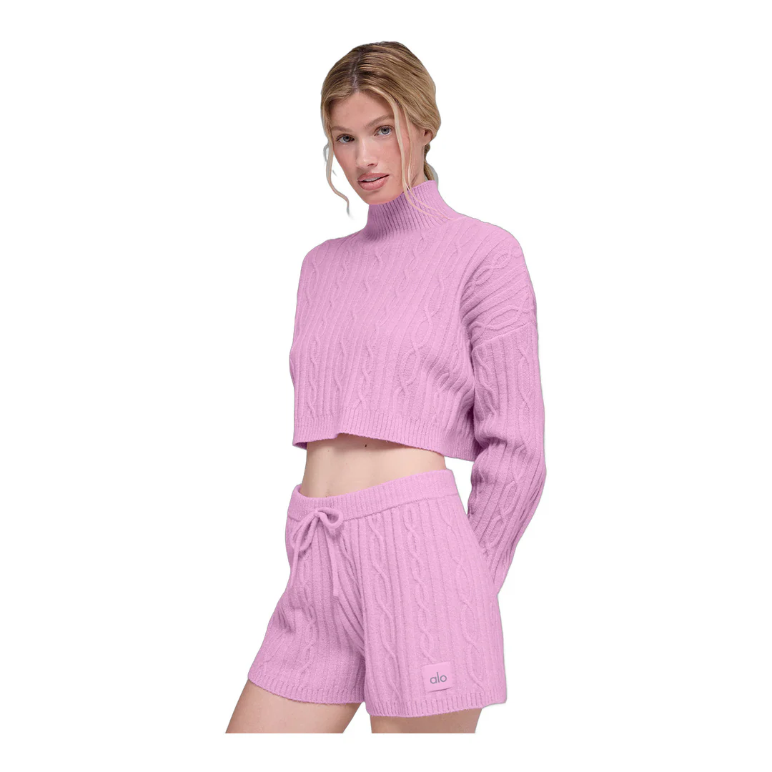 alo Cable Knit Cropped Winter Bliss Turtleneck Long Sleeve - Candy Heart Pink - Image 3