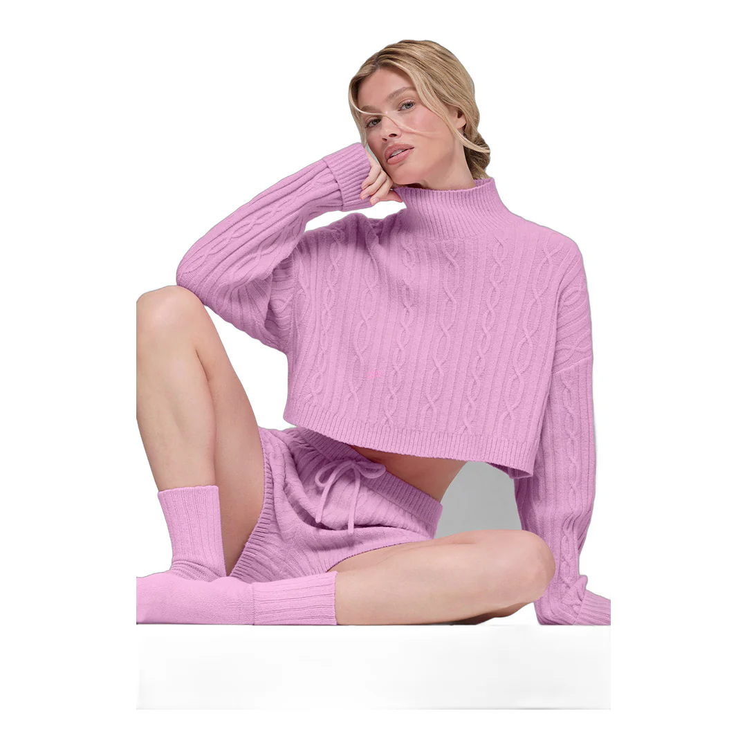 alo Cable Knit Cropped Winter Bliss Turtleneck Long Sleeve - Candy Heart Pink - Image 4