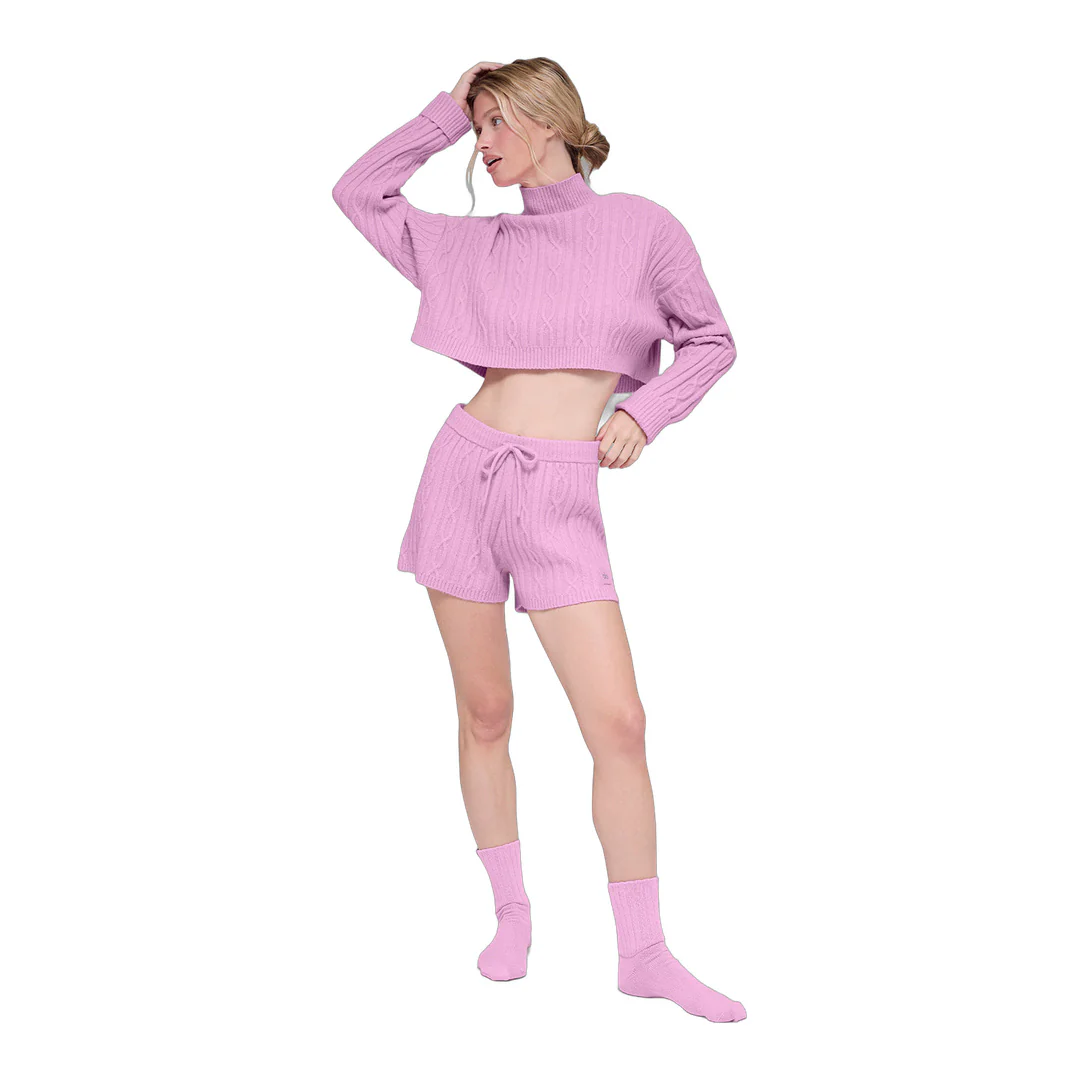 alo Cable Knit Cropped Winter Bliss Turtleneck Long Sleeve - Candy Heart Pink - Image 5