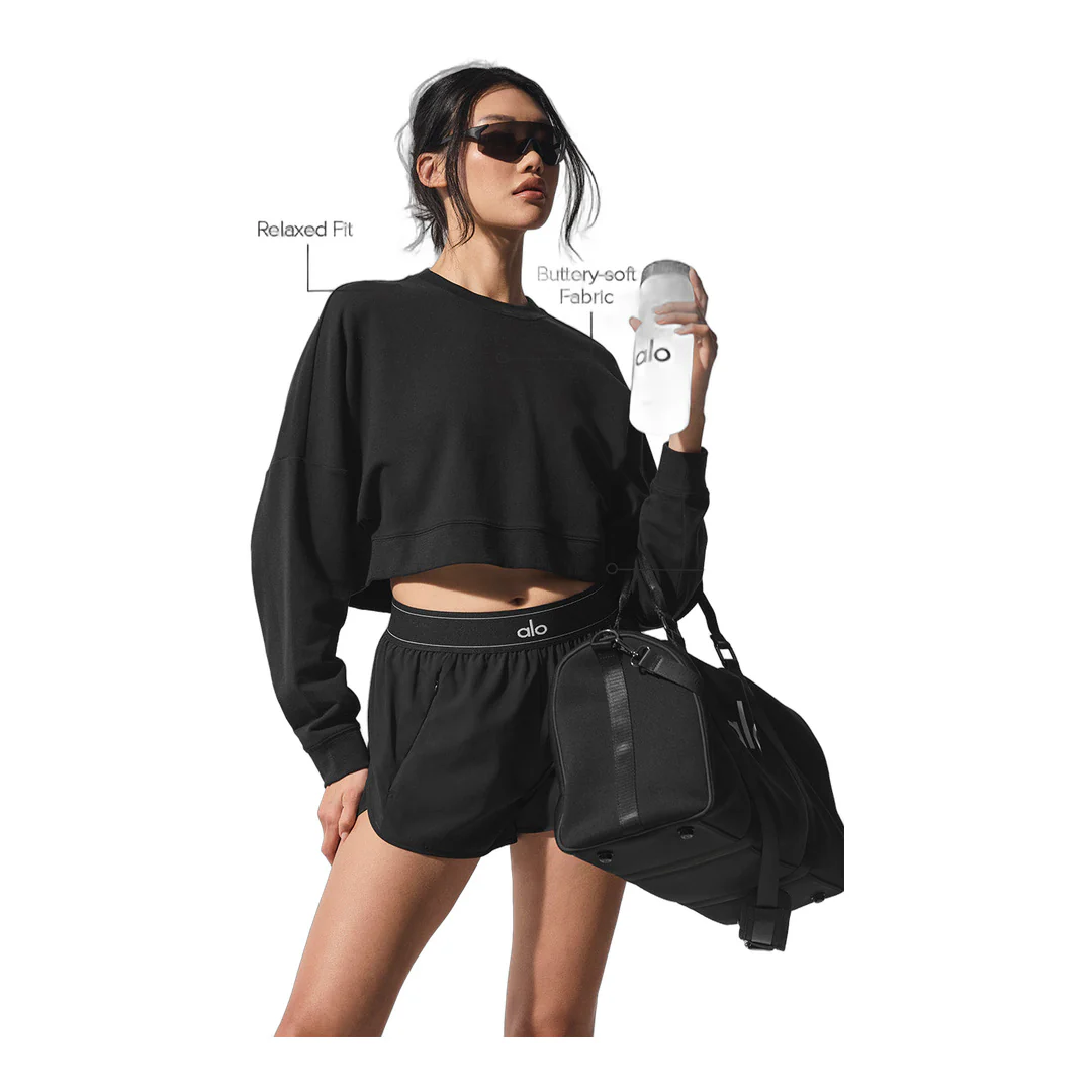 alo Cropped Sway Crew Neck Pullover - Black - Image 2