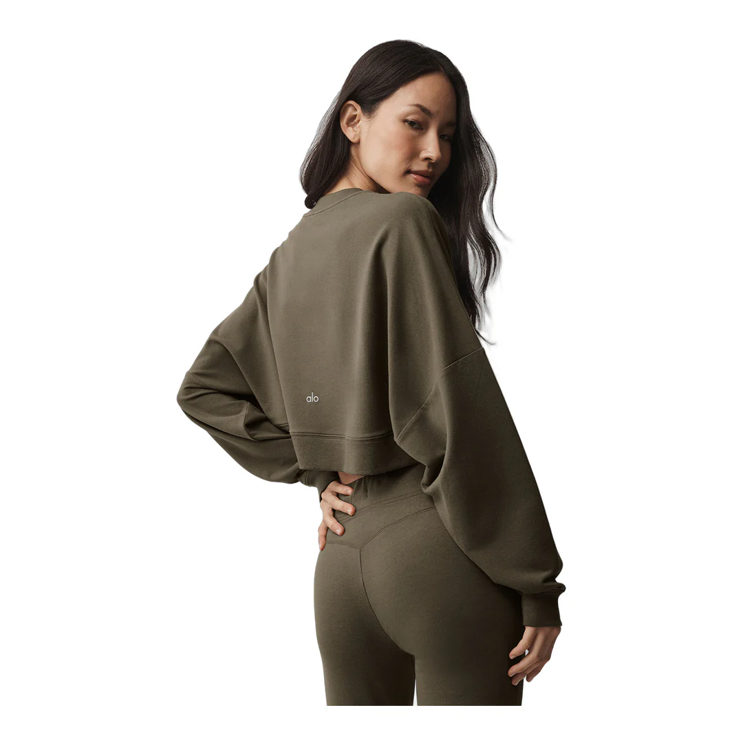 alo Cropped Sway Crew Neck Pullover - Olive Tree - Image 2