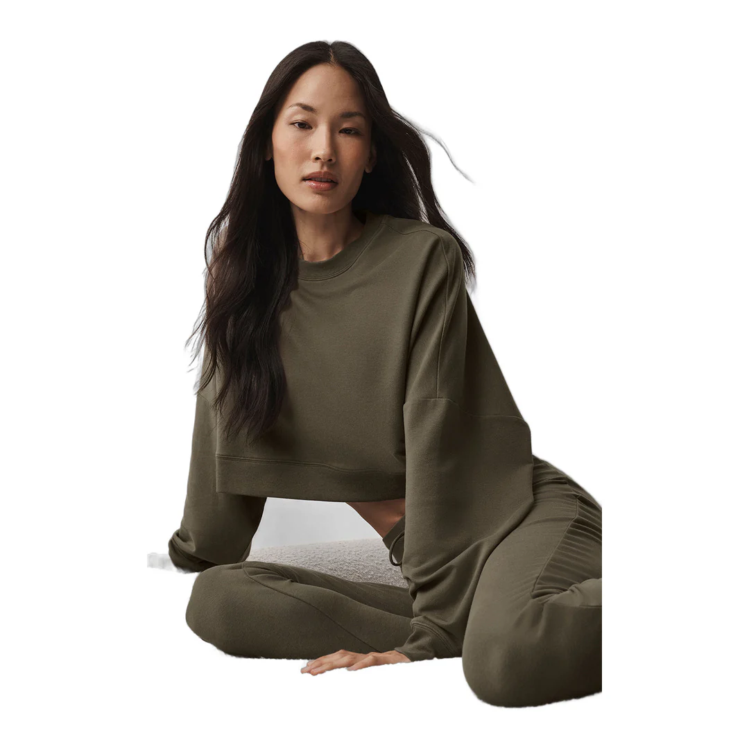 alo Cropped Sway Crew Neck Pullover - Olive Tree - Image 3