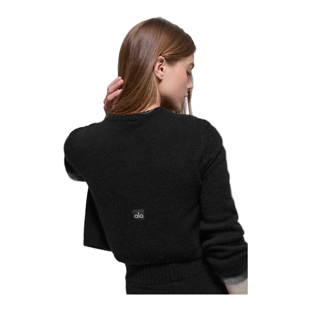 alo Wool Cashmere New Class Cropped Cardigan - Black - Image 3
