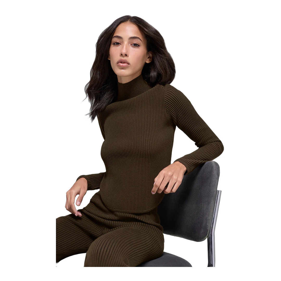 alo Denim Knit Backless Long Sleeve - Espresso/Black
