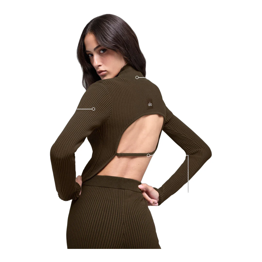 alo Denim Knit Backless Long Sleeve - Espresso/Black - Image 2