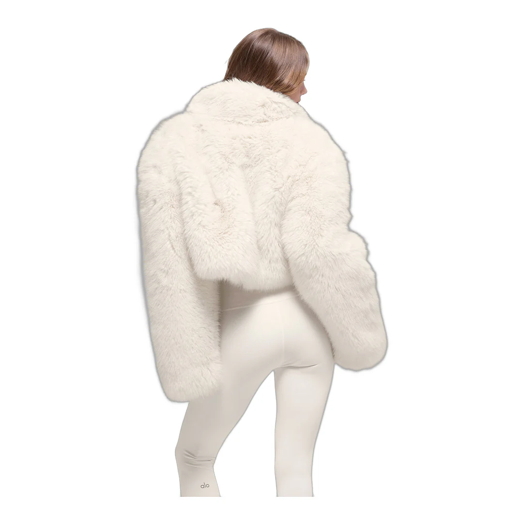 alo Opulent Faux Fur Cropped Jacket - Ivory - Image 3