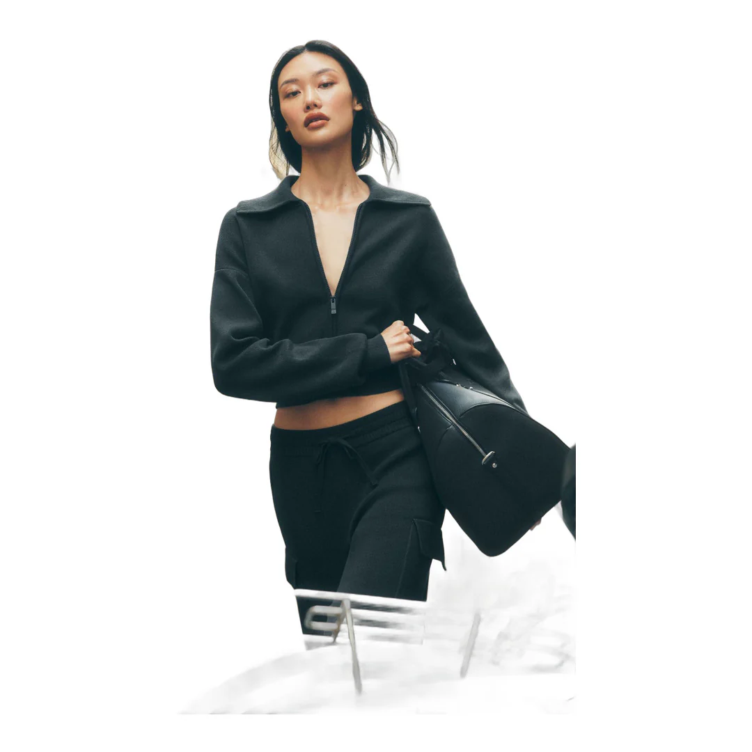 alo Scholar Knit Cropped Full Zip Jacket - Black