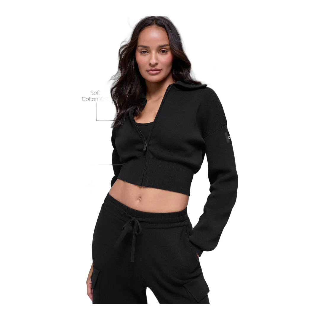 alo Scholar Knit Cropped Full Zip Jacket - Black - Image 2