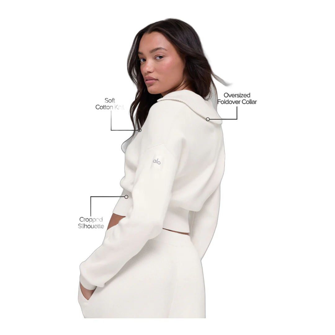 alo Scholar Knit Cropped Full Zip Jacket - Ivory - Image 2
