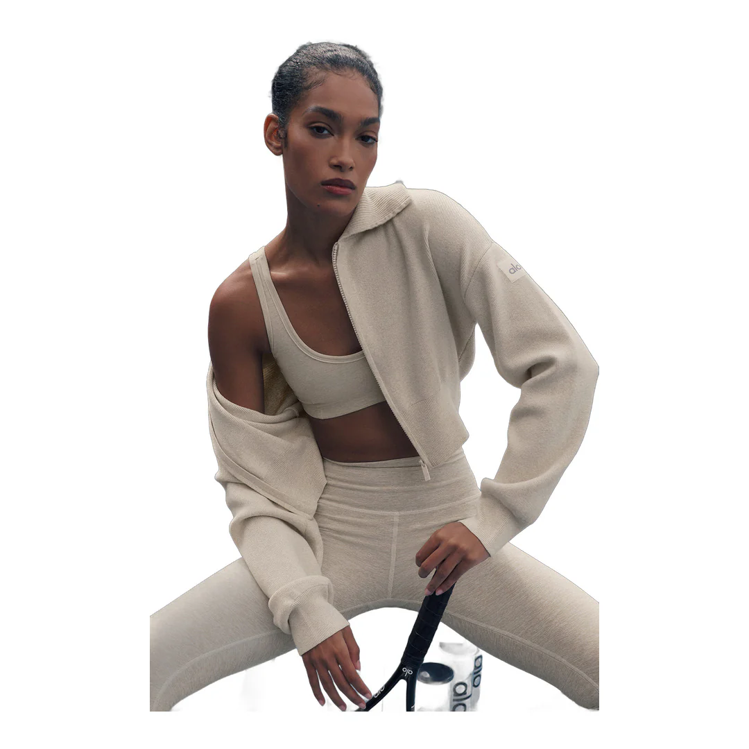 alo Scholar Knit Cropped Full Zip Jacket - Oatmeal Heather