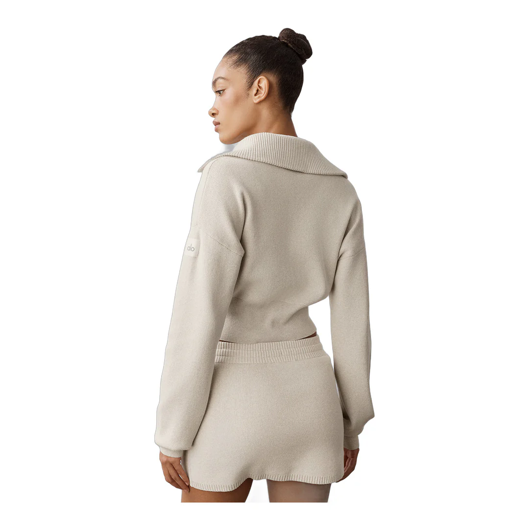 alo Scholar Knit Cropped Full Zip Jacket - Oatmeal Heather - Image 2