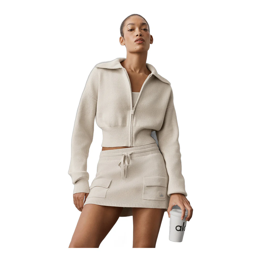 alo Scholar Knit Cropped Full Zip Jacket - Oatmeal Heather - Image 3