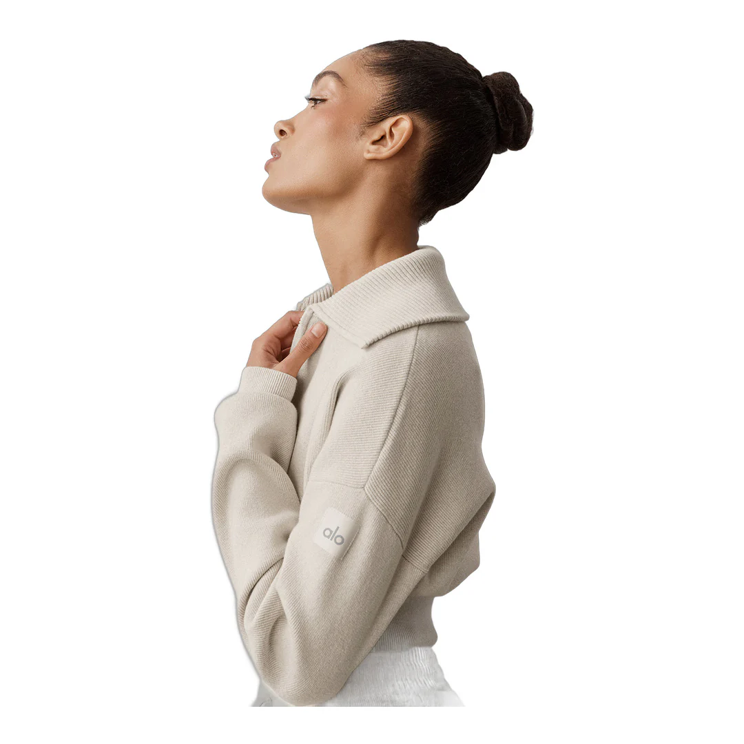 alo Scholar Knit Cropped Full Zip Jacket - Oatmeal Heather - Image 4