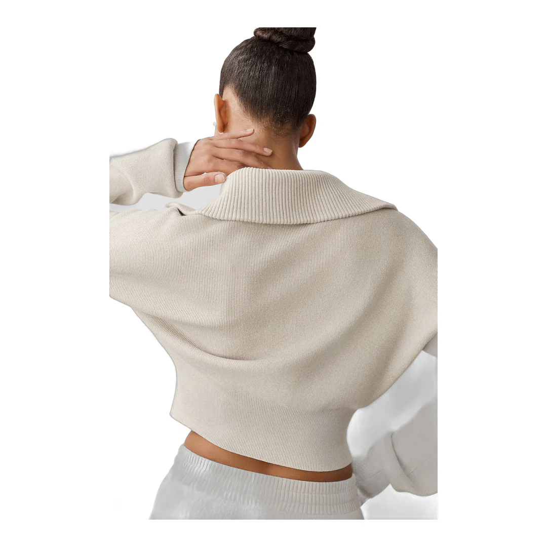 alo Scholar Knit Cropped Full Zip Jacket - Oatmeal Heather - Image 5
