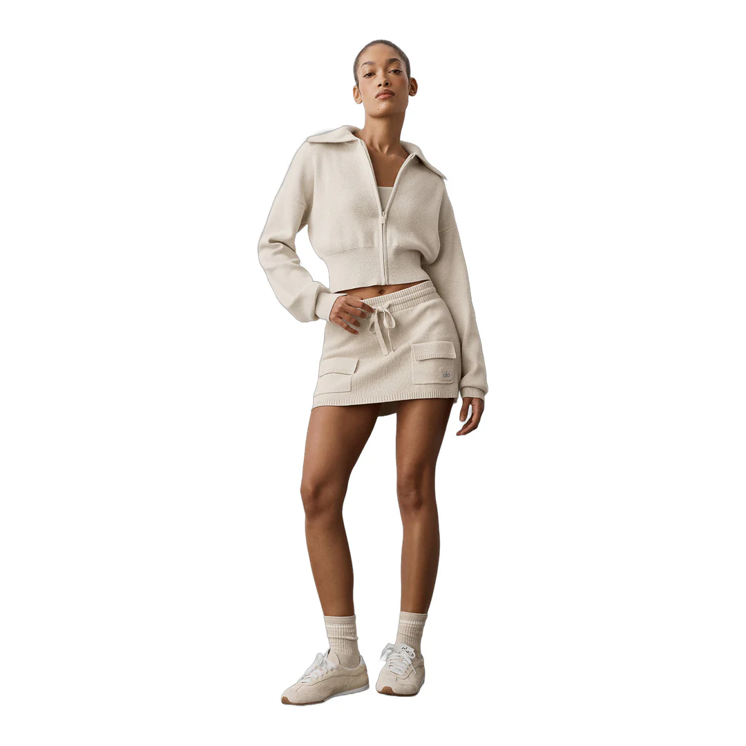 alo Scholar Knit Cropped Full Zip Jacket - Oatmeal Heather - Image 6