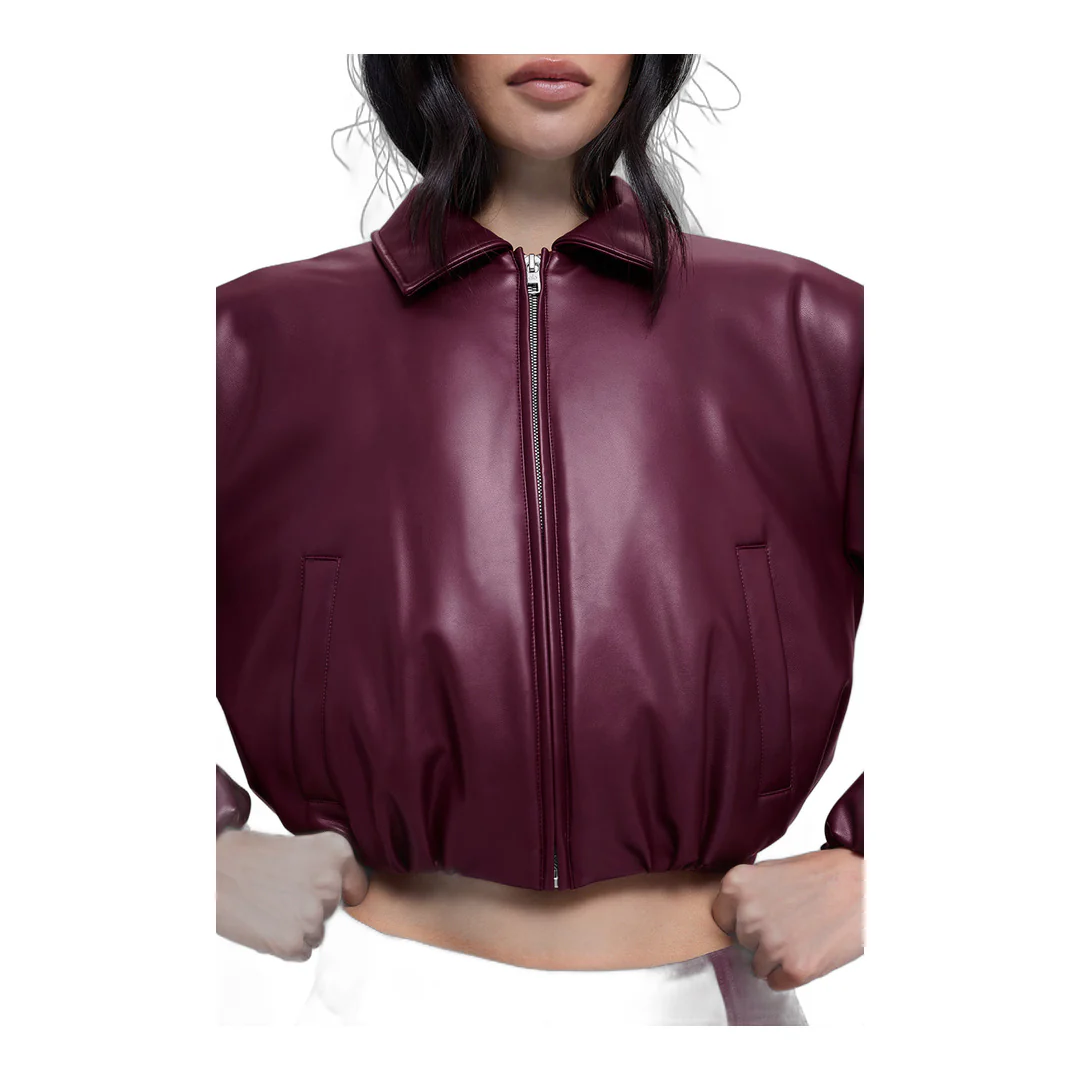 alo Faux Leather Cropped Premier Bomber - Burgundy - Image 2