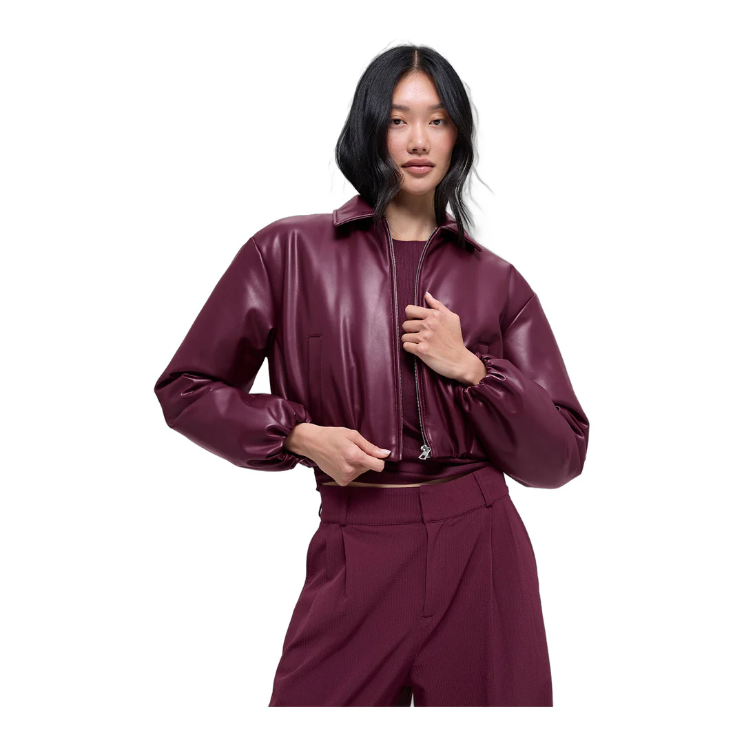 alo Faux Leather Cropped Premier Bomber - Burgundy - Image 4