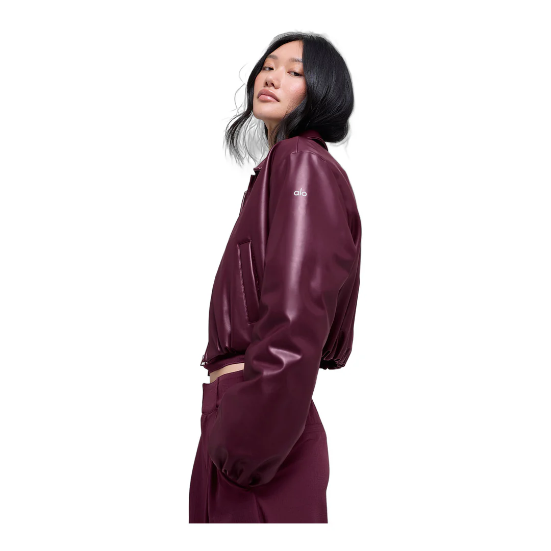 alo Faux Leather Cropped Premier Bomber - Burgundy - Image 5