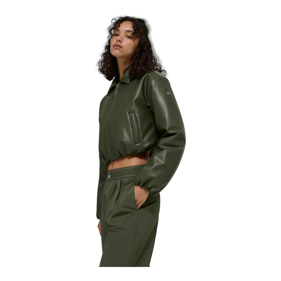 alo Faux Leather Cropped Premier Bomber - Green Olive - Image 5