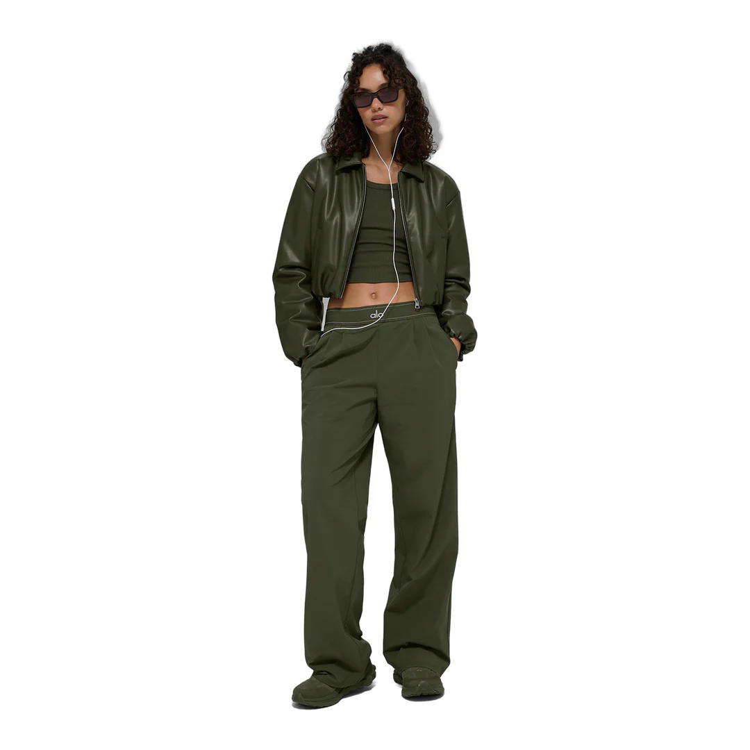alo Faux Leather Cropped Premier Bomber - Green Olive - Image 6