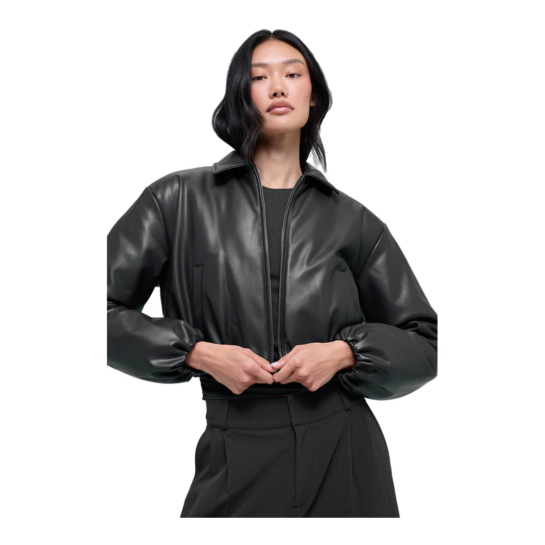 alo Faux Leather Cropped Premier Bomber - Black