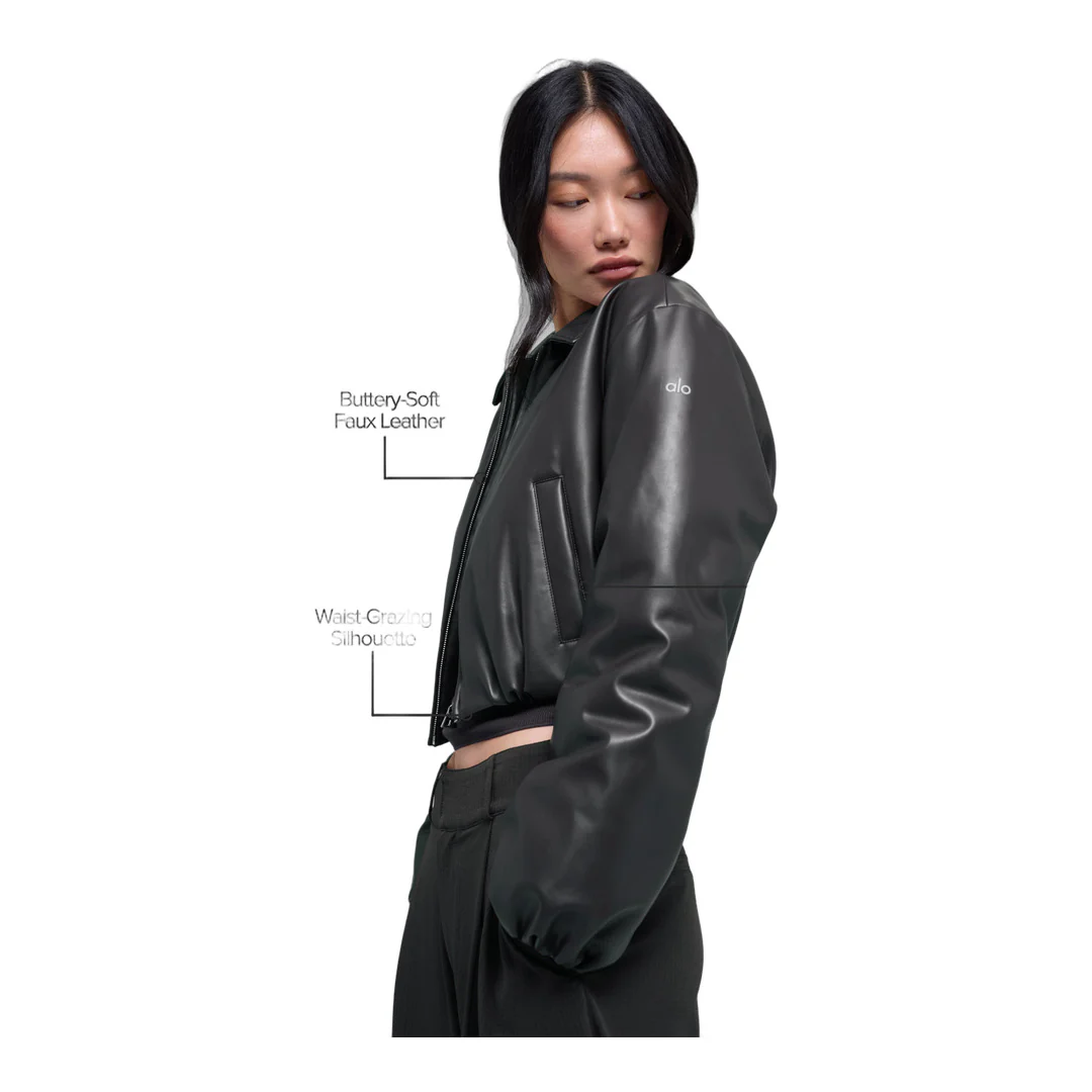 alo Faux Leather Cropped Premier Bomber - Black - Image 2