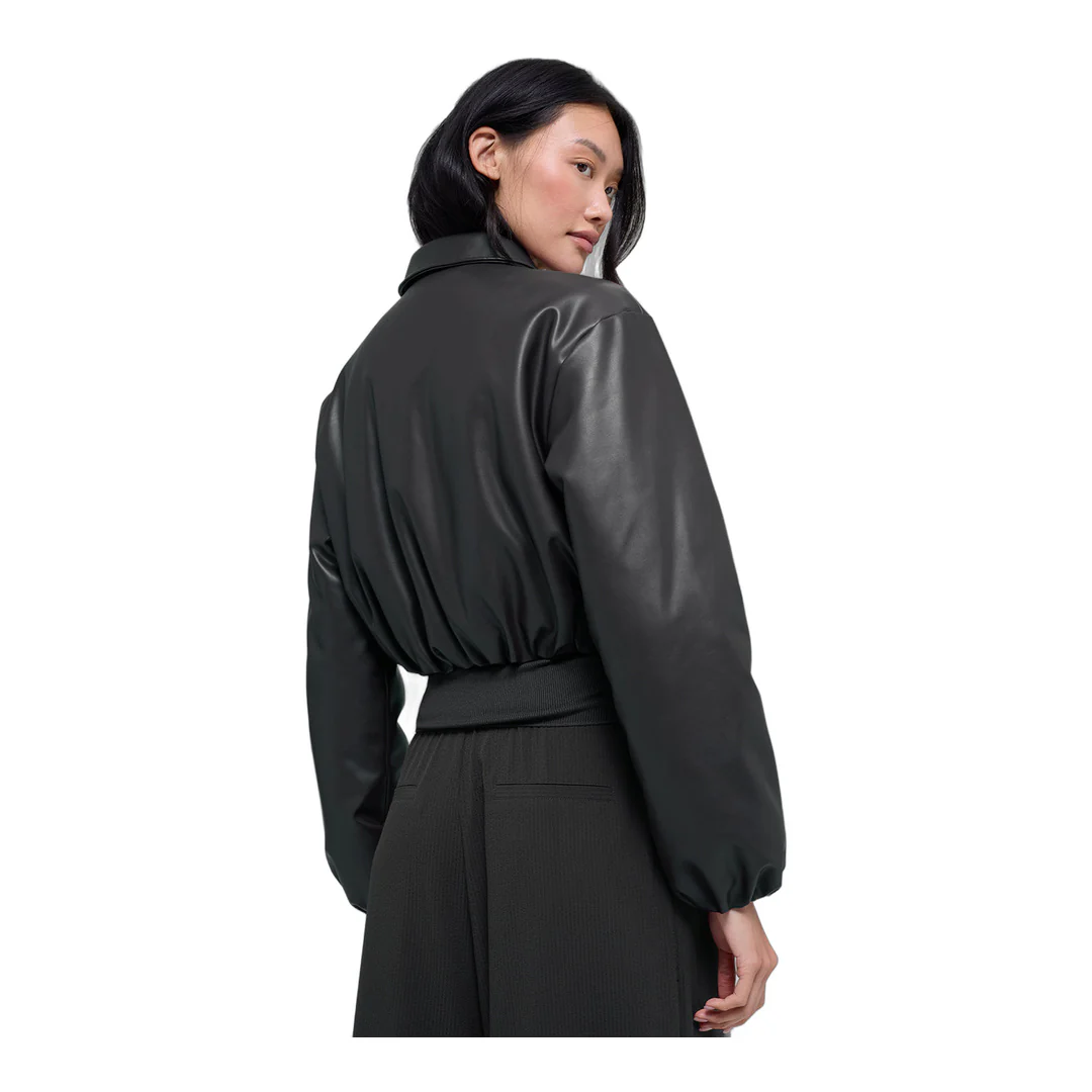 alo Faux Leather Cropped Premier Bomber - Black - Image 3