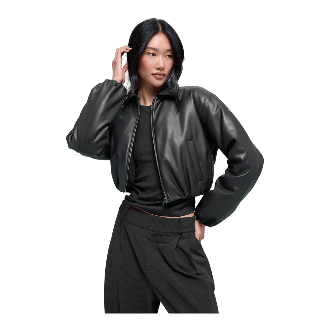 alo Faux Leather Cropped Premier Bomber - Black - Image 4