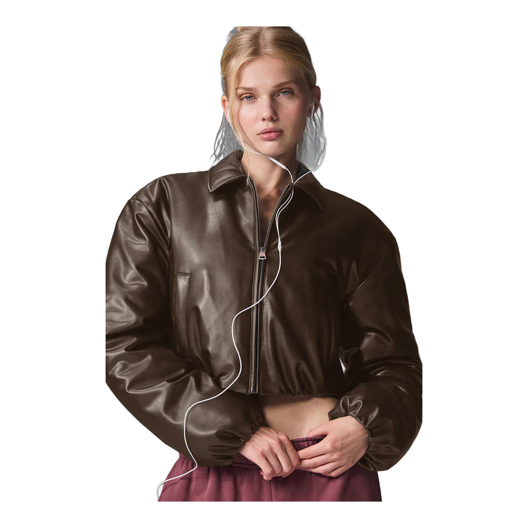 alo Faux Leather Cropped Premier Bomber - Espresso - Image 3