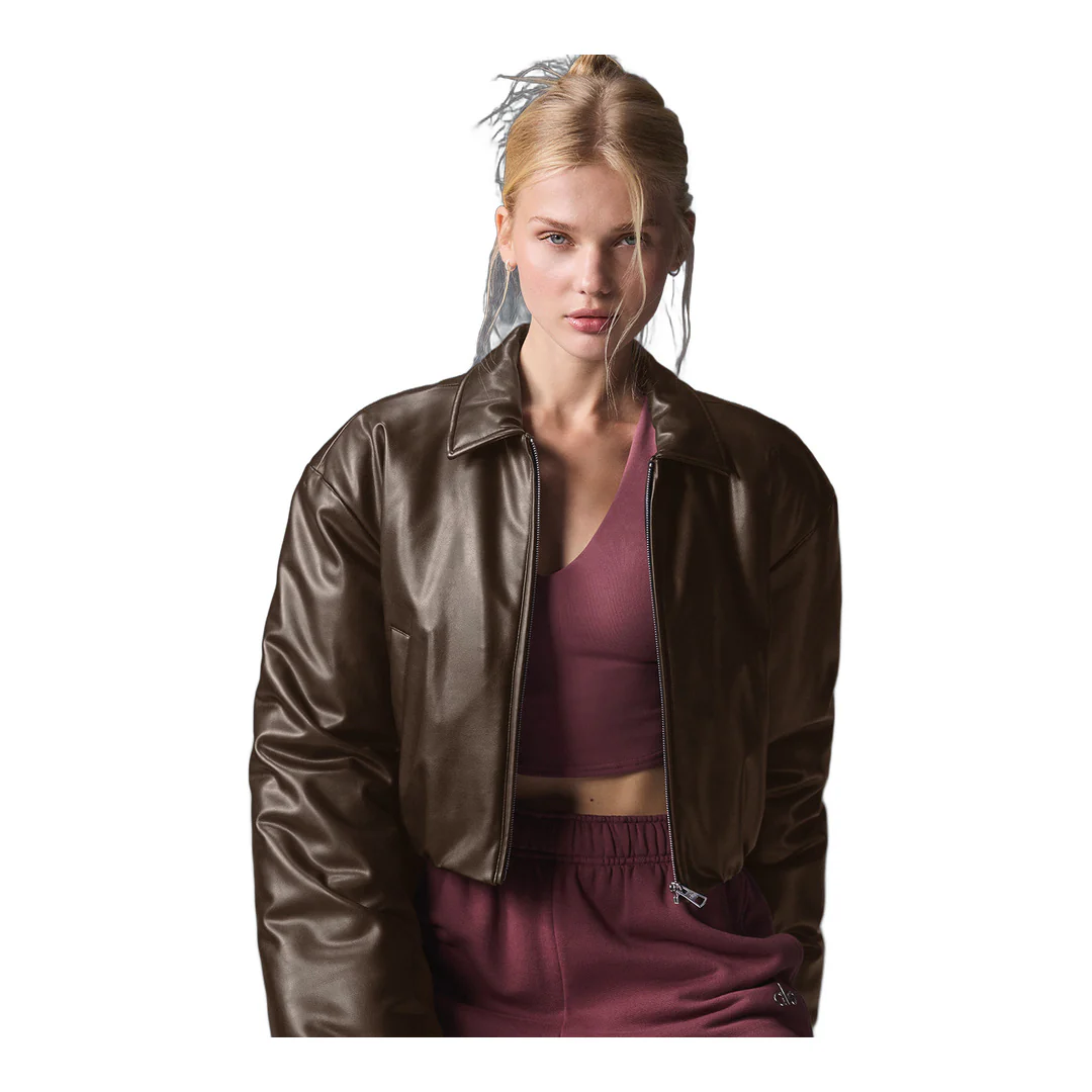 alo Faux Leather Cropped Premier Bomber - Espresso - Image 6