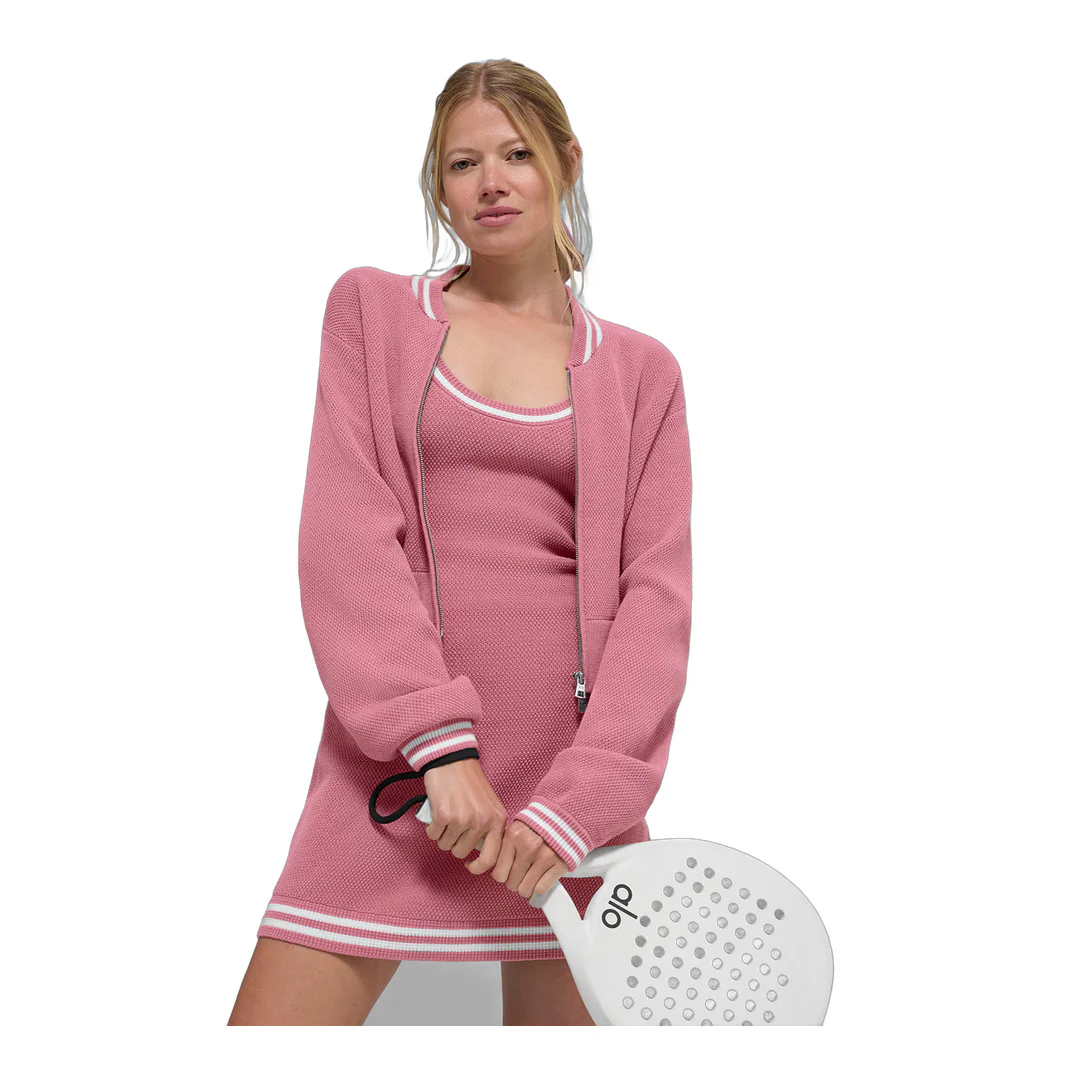 alo Tennis Club Sweater Knit Full Zip Jacket - Pink Wild Rose/White - Image 2