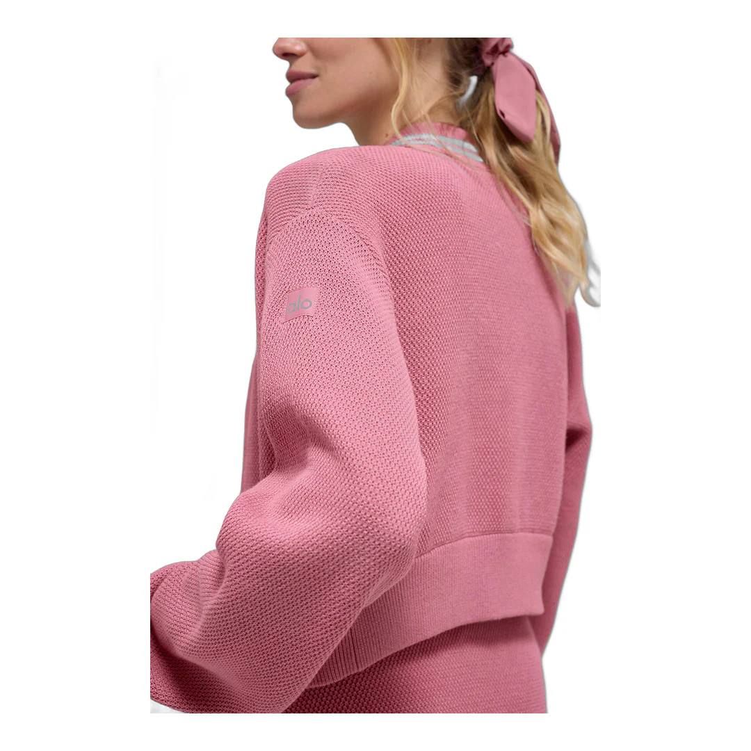 alo Tennis Club Sweater Knit Full Zip Jacket - Pink Wild Rose/White - Image 3