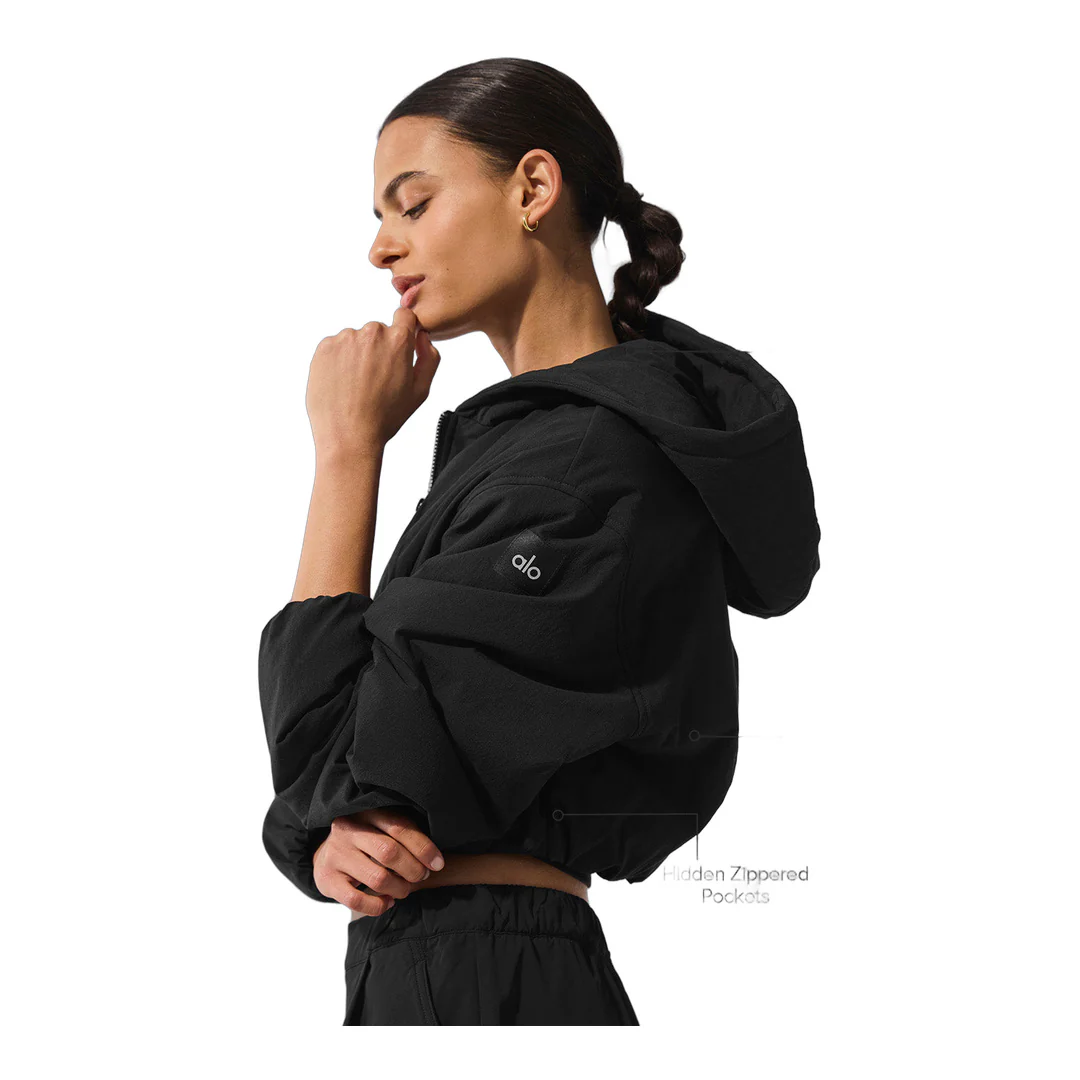 alo Cropped Mountain Peak Full-Zip Hoodie - Black - Image 2