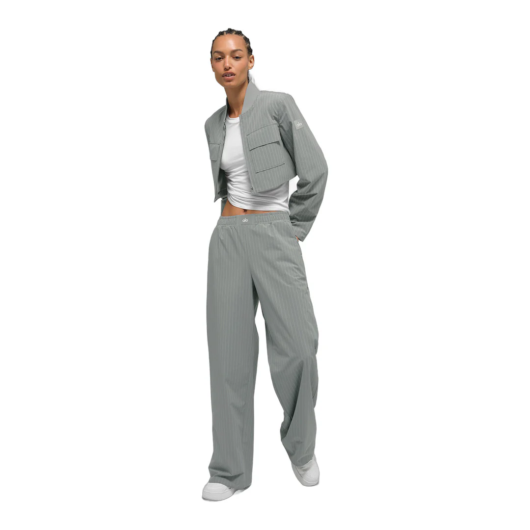 alo Cropped Pinstripe Main Character Full Zip Jacket - Lunar Grey/White - Image 6