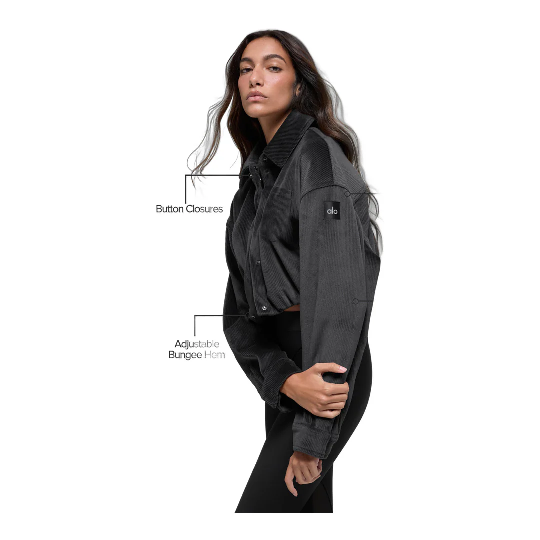 alo Ribbed Velour Cropped Mountain Side Jacket - Black - Image 2