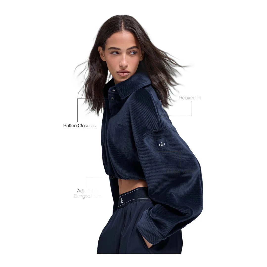 alo Ribbed Velour Cropped Mountain Side Jacket - Navy - Image 2