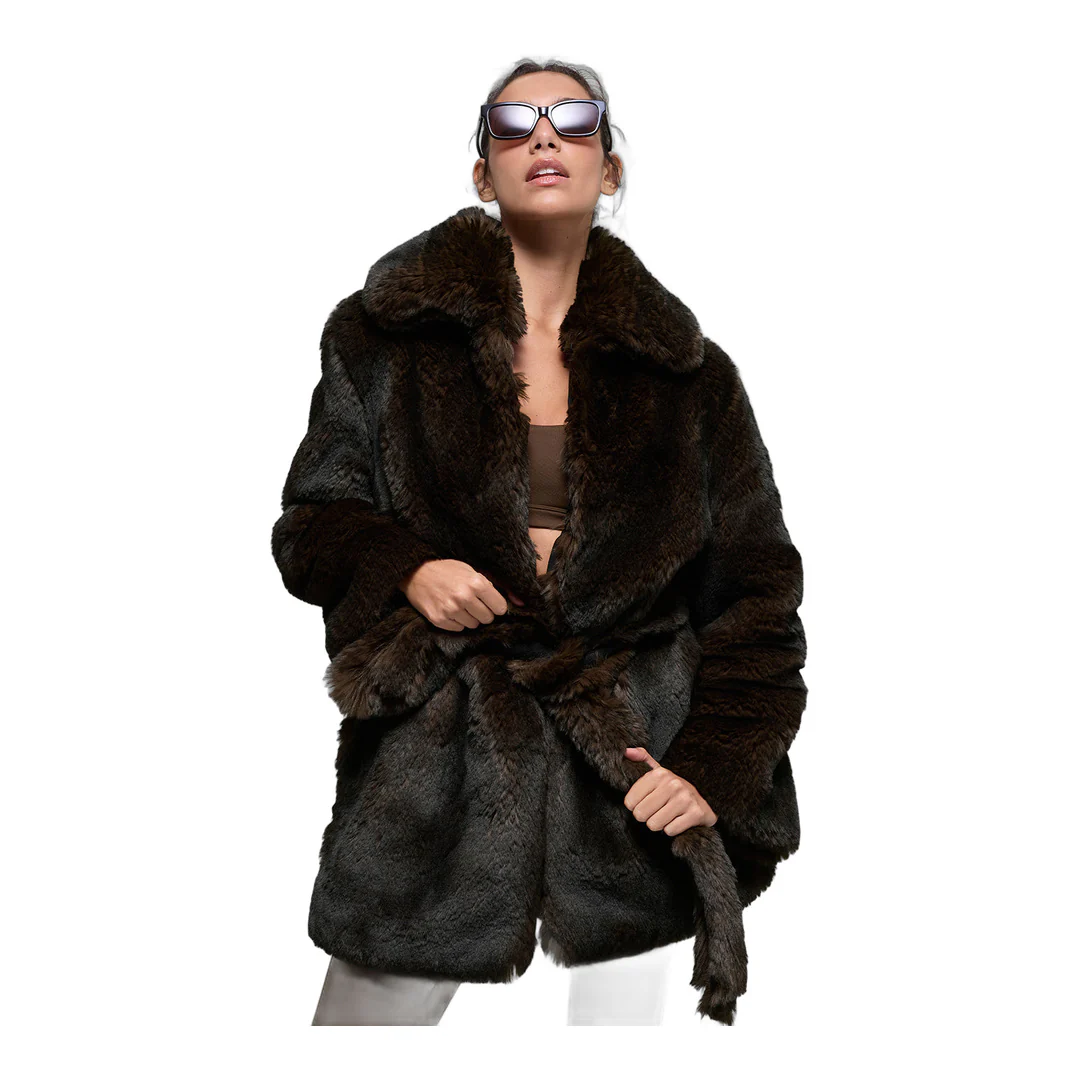 alo Faux Fur Starstruck Coat - Midnight Brown/Black