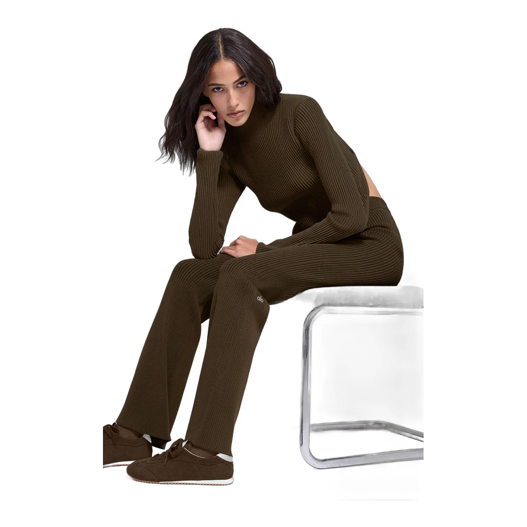 alo Denim Knit High-Waist Flare Pant - Espresso/Black - Image 4