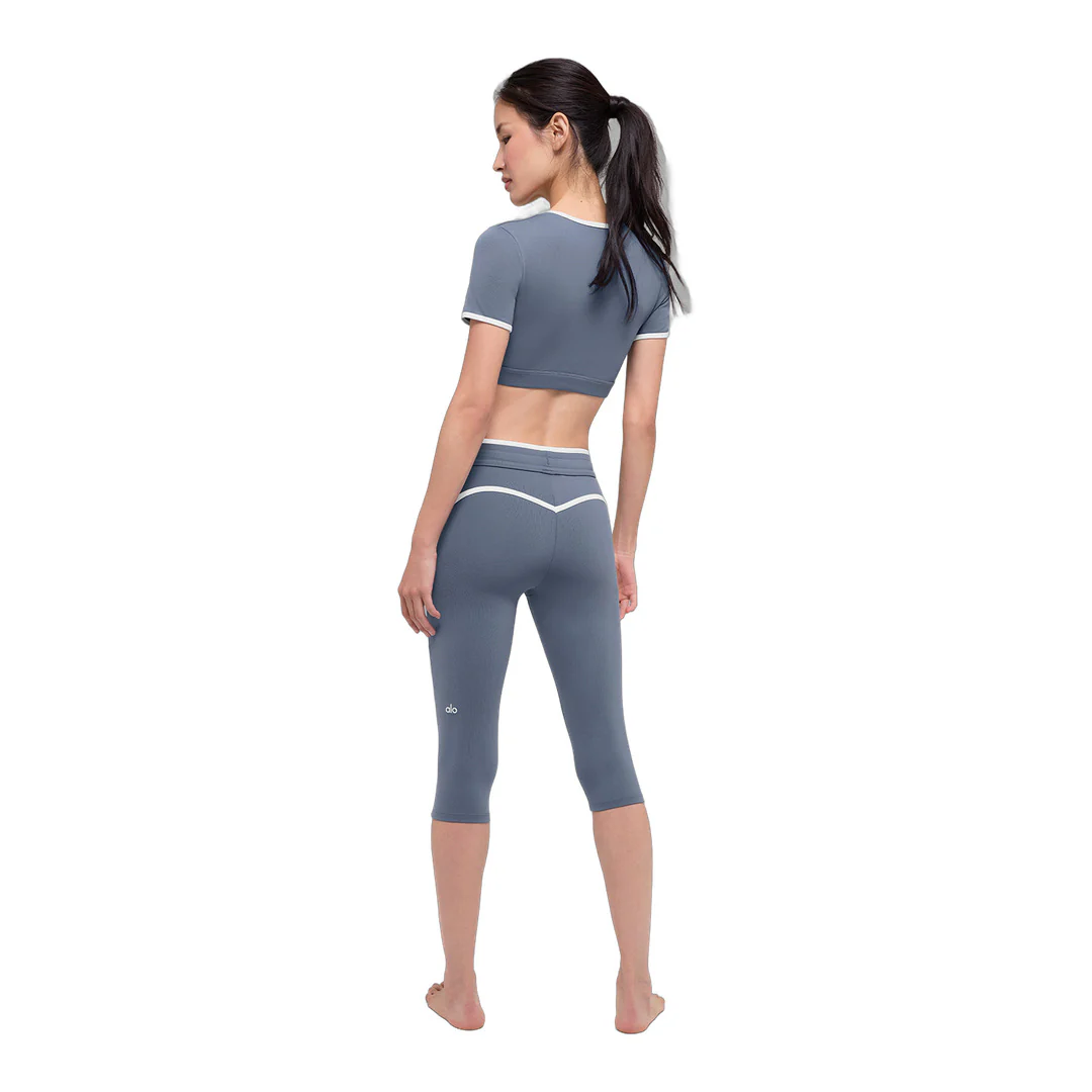 alo Airbrush High-Waist Race Pace Capri - Bluestone/White - Image 3