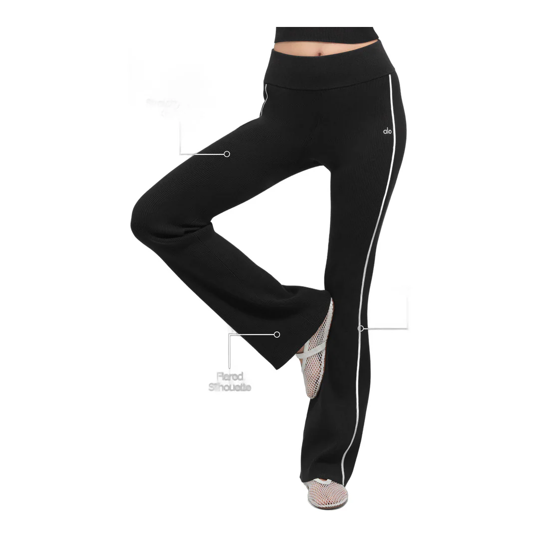 alo Ribbed Sweater Knit Highline Flare Pant - Black/White - Image 2