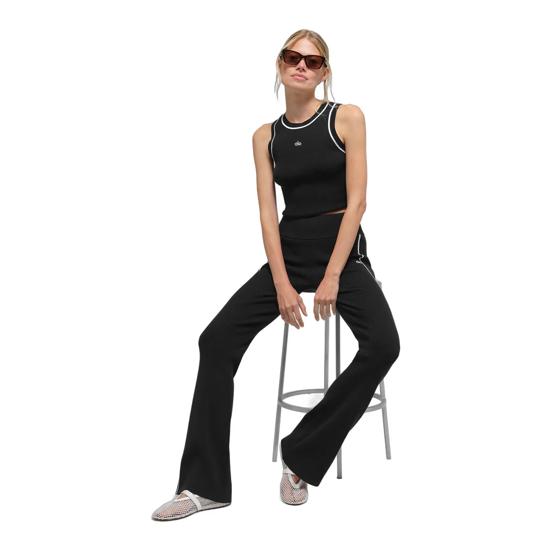 alo Ribbed Sweater Knit Highline Flare Pant - Black/White - Image 3