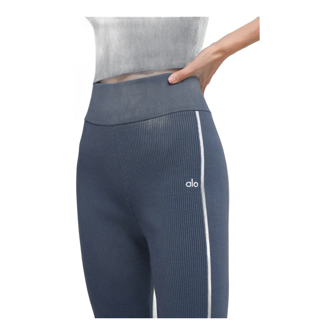alo Ribbed Sweater Knit Highline Flare Pant - Bluestone/White - Image 2