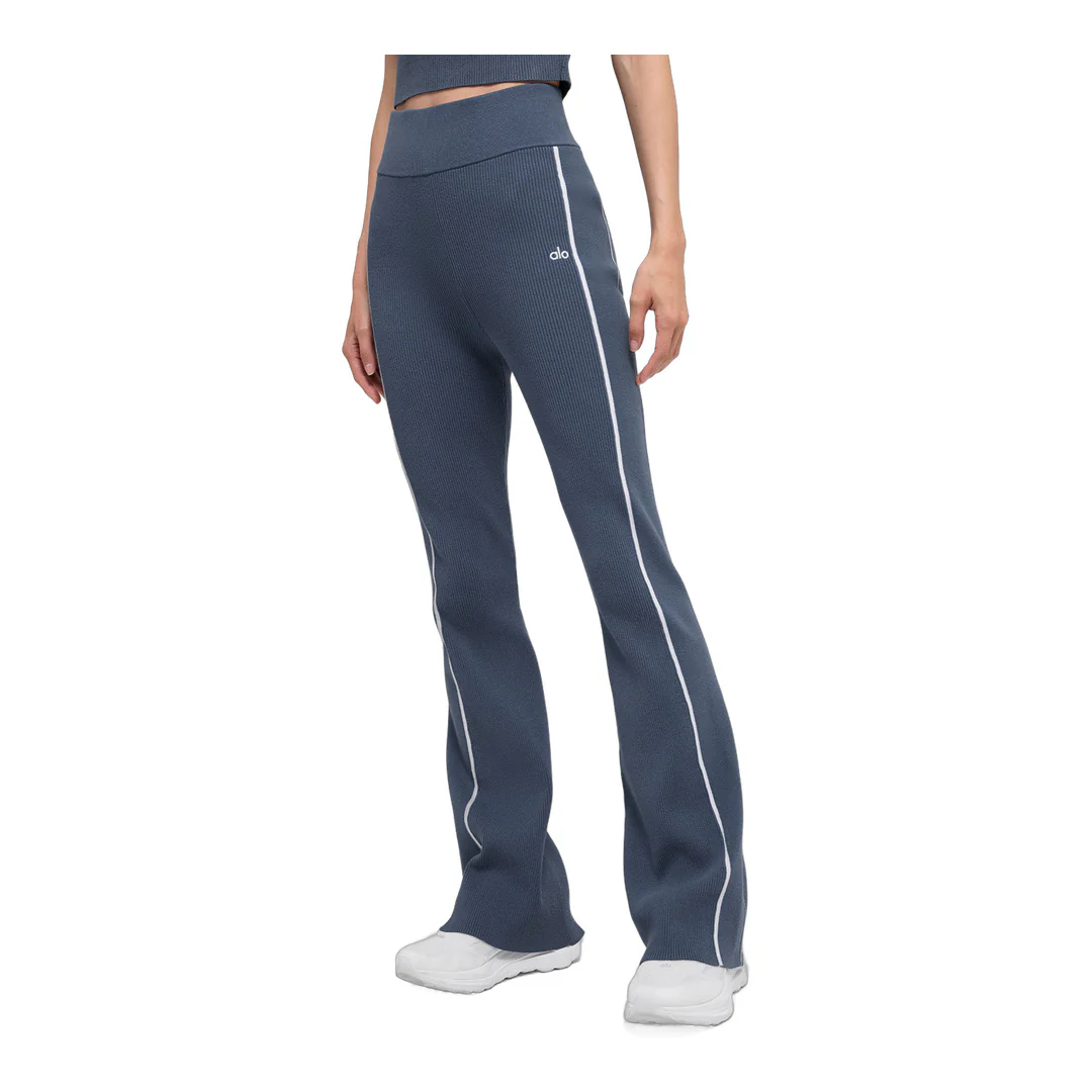 alo Ribbed Sweater Knit Highline Flare Pant - Bluestone/White - Image 3
