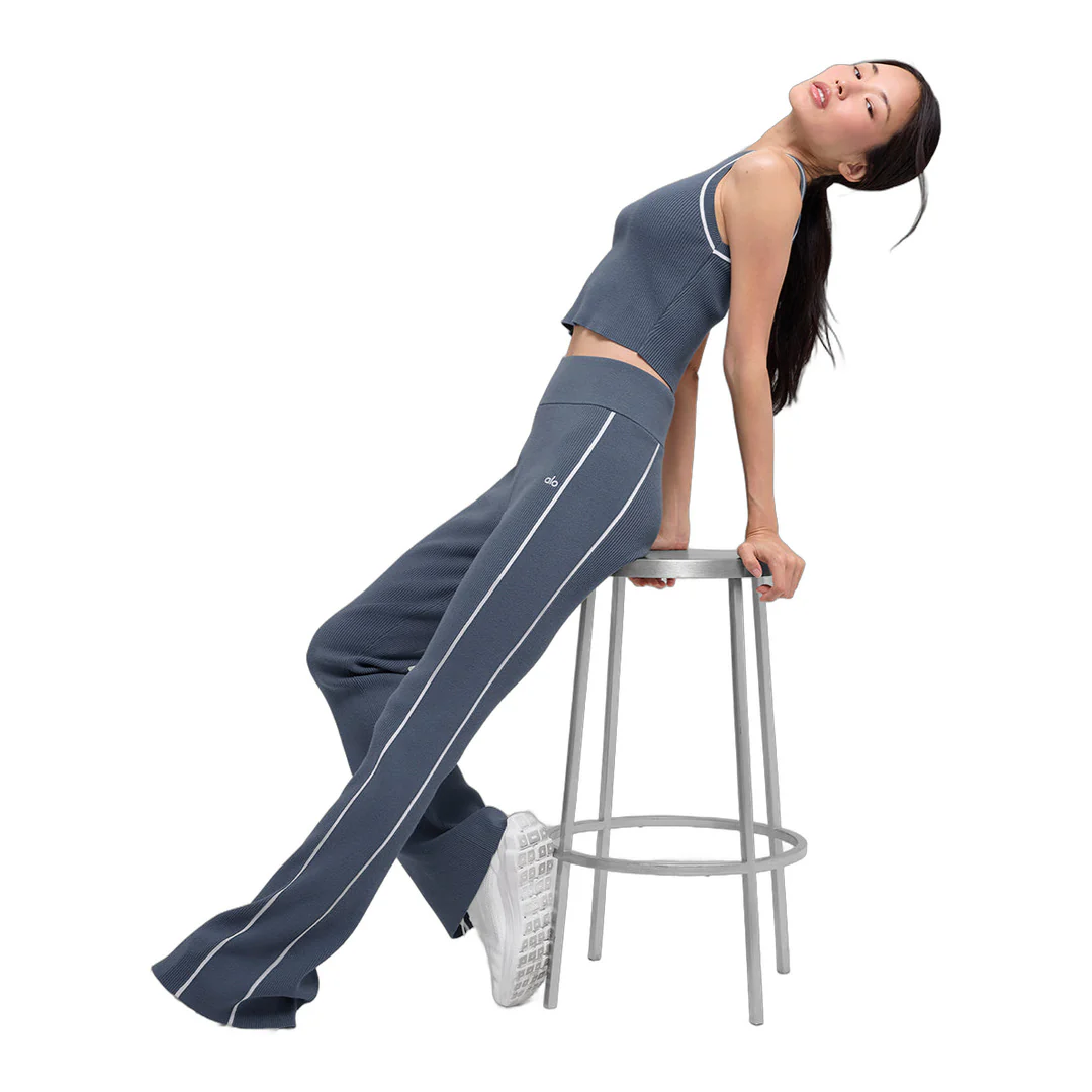 alo Ribbed Sweater Knit Highline Flare Pant - Bluestone/White - Image 5