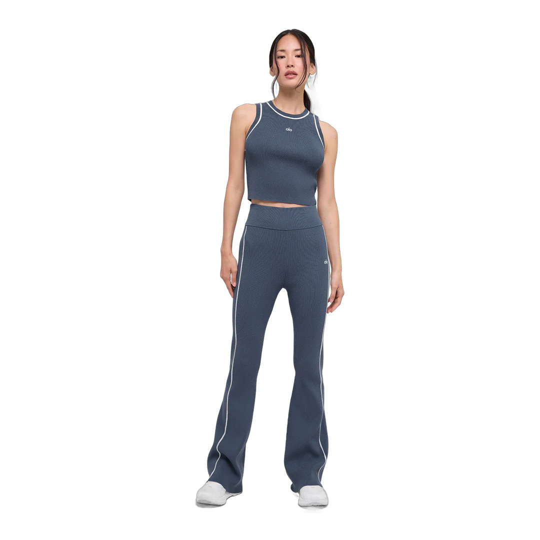 alo Ribbed Sweater Knit Highline Flare Pant - Bluestone/White - Image 6