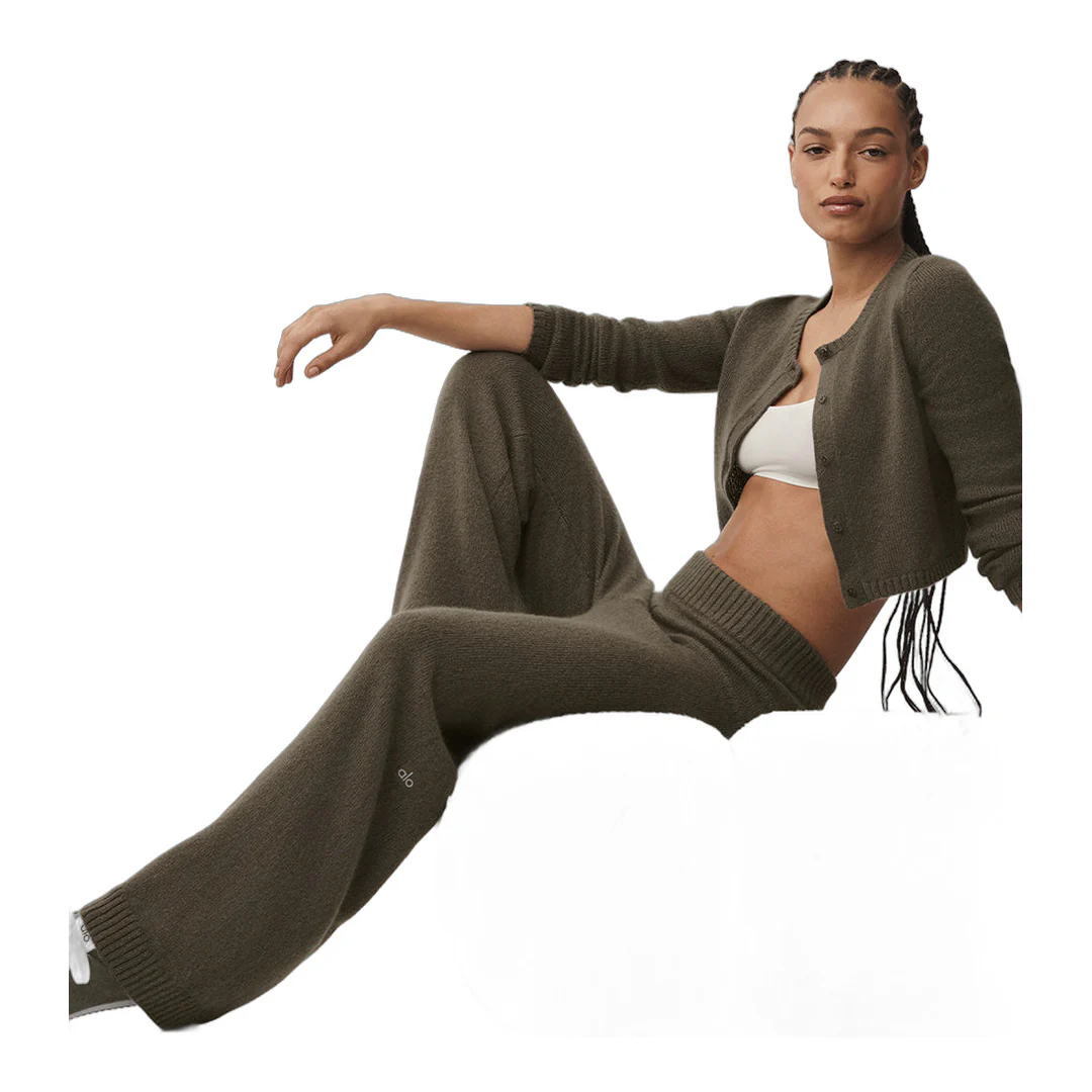 alo Wool Cashmere High-Waist New Class Wide Leg Pant - Olive Tree - Image 3